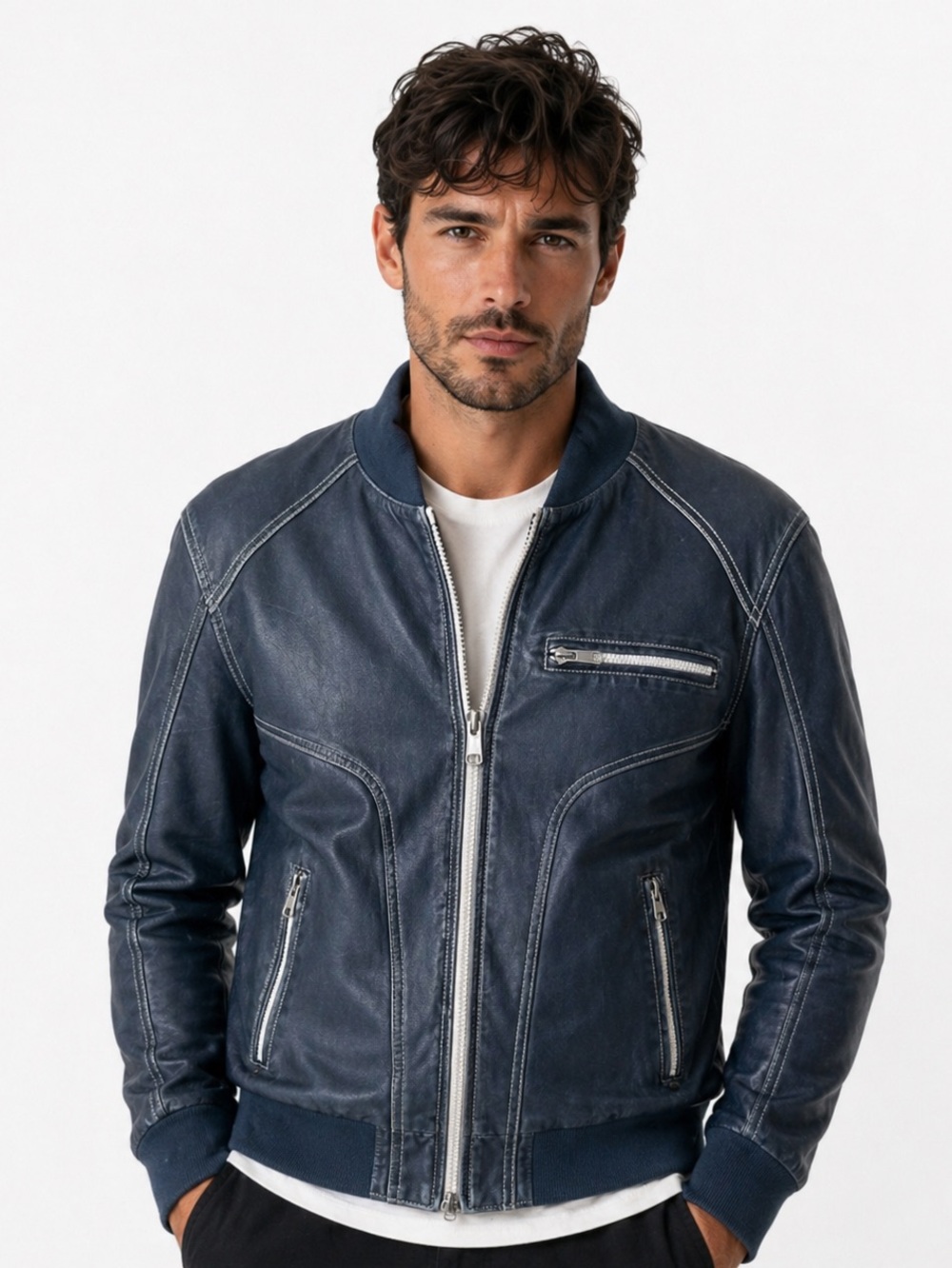 Black Rivet Men's Blue Faux Leather Bomber Jacket - Classic Zip Front, Size M